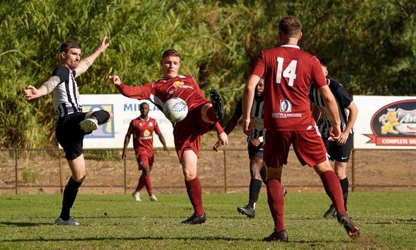 Hayden Stevens opens the scoring for Fremantle City in their 2-2 draw at Swan United