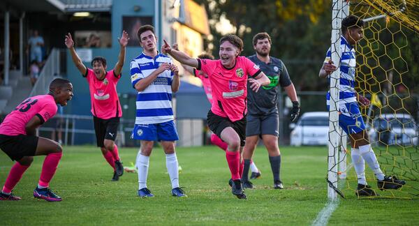 Alex McLean scores the winner as Forrestfield United beat Canning City 1-0. Photo by Cat Bryant Photography