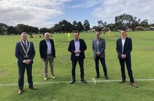 WA Premier Mark McGowan, centre, Sport and Recreation Minister Mick Murray, second left, City of Canning Mayor Patrick Hall, left, Football West Chairman Sherif Andrawes, second right, and Football West CEO James Curtis, right, at today's announcement of the WA Government's $16.25m funding for a Home of Football at Queens Park
