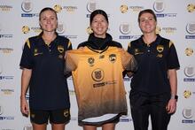 Football West Manager - Female Football & Advocacy and assistant coach Tash Rigby, left, head coach Courtney Owen, right, with Reina Kagami 